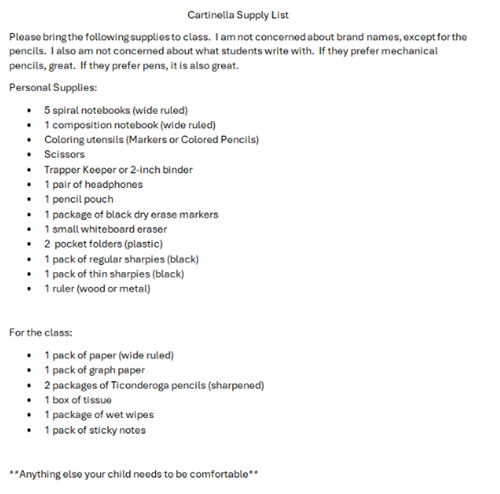 Mrs. Cartinella's Supply List 